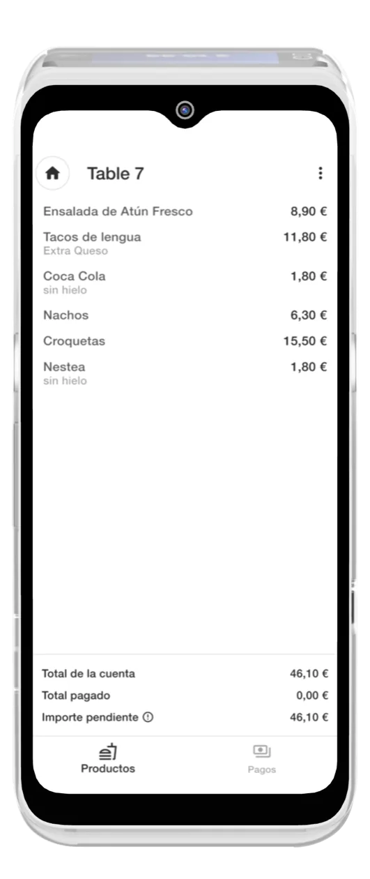 Pantalla del terminal con la cuenta de la mesa 7