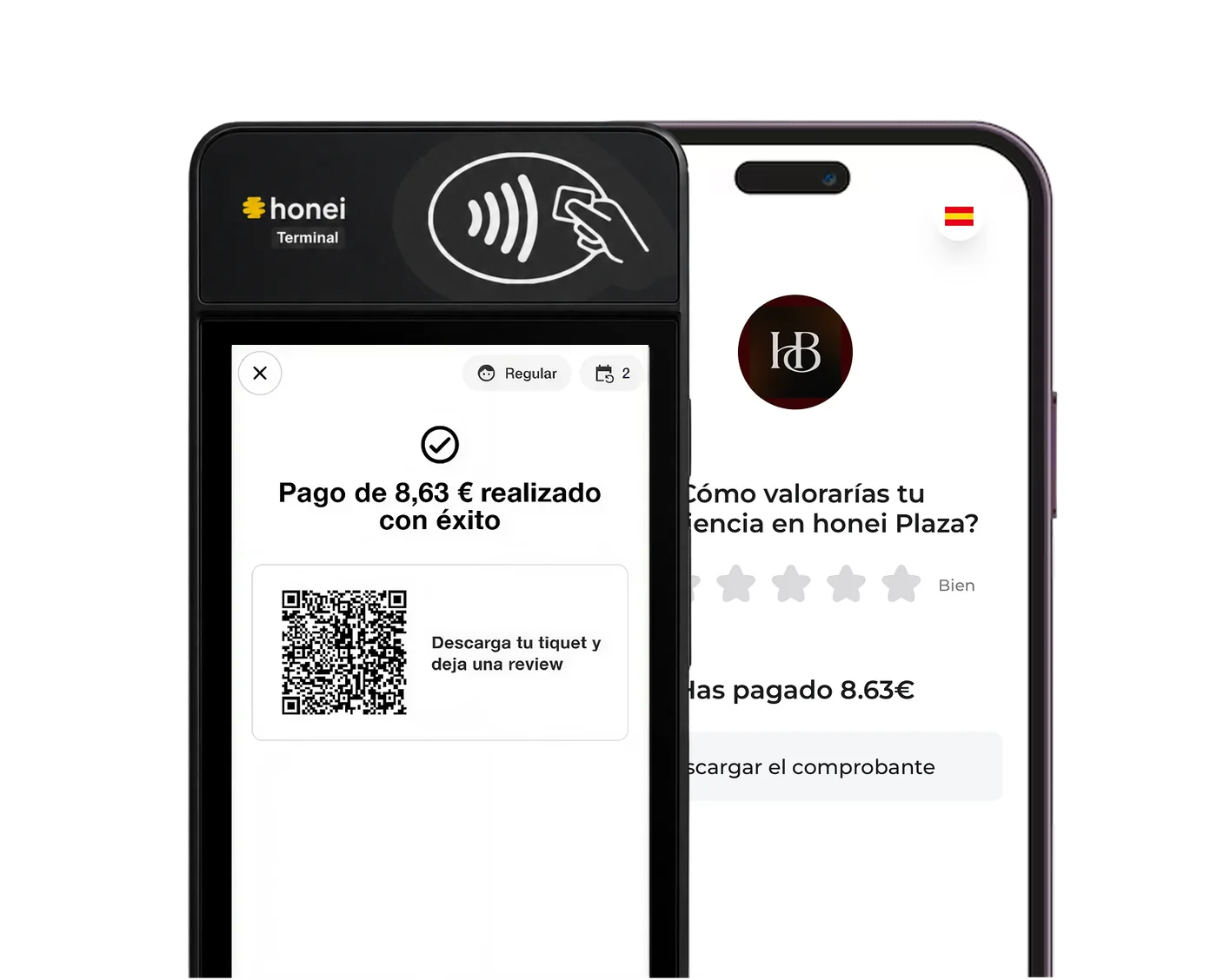 Pago completado en el honei Terminal y la invitación a valorar la visita en el móvil